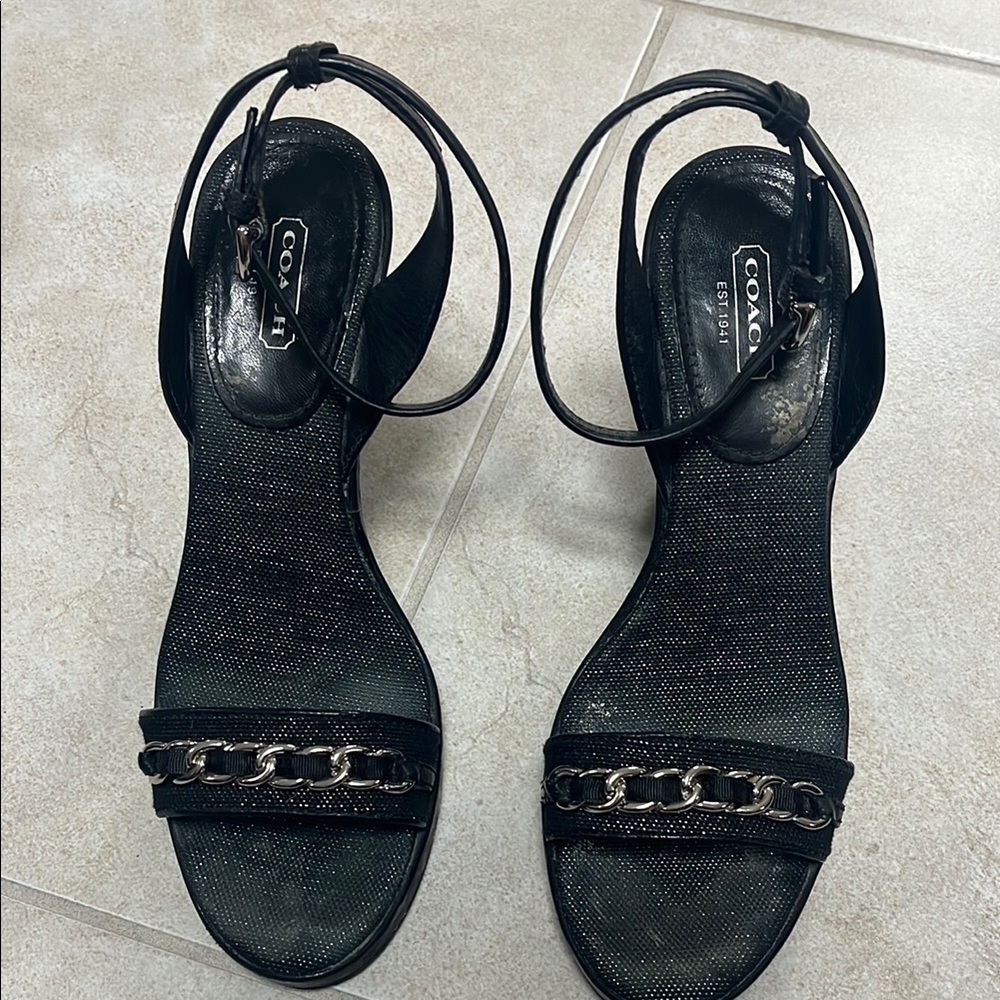 Coach Black wedge Sandals with Metallic Chain Accent